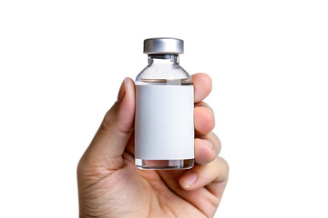 Hand holding small vial isolated on a white background