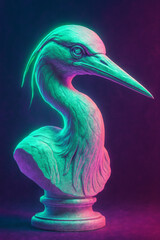 Fototapeta premium Neon Crane Sculpture: A captivating, modern art piece featuring a crane bust illuminated with vibrant teal and magenta hues.