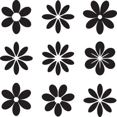 Collection of simple black flower icons with varying petal counts and shapes