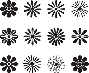 Collection of simple black flower icons with varying petal counts and shapes