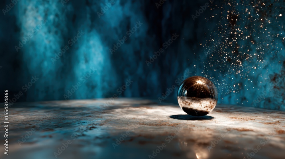 Aufkleber a mesmerizing metallic sphere sitting on a textured surface, beautifully reflecting subdued light an