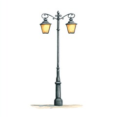 Charming Watercolor Illustration of an Elegant Streetlamp with Two Lit Lanterns, Standing Tall Against a White Background