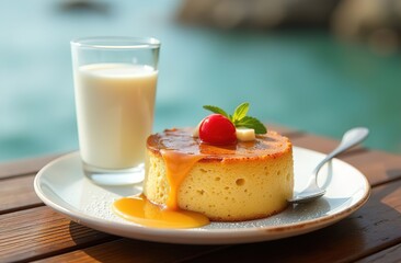 Glass of milk and piece of sweet pie on wooden tabletop against sea background at sunrise.