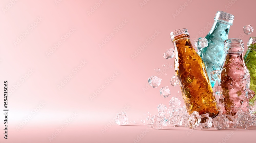 Poster a vibrant display of colorful bottles filled with refreshing drinks amidst splashes of ice, evoking 