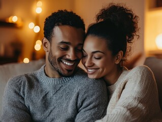 Obraz premium Affectionate Young Couple Embracing on a Cozy Sofa in Warmly Lit Room