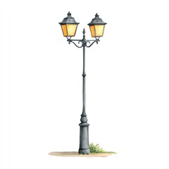 Illuminating Night A Watercolor Painting of an Elegant, Double-Lamp Streetlight, Standing Tall Against a White Background