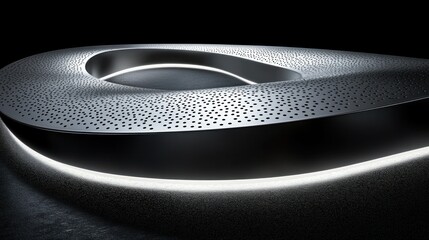 Abstract, metallic, curved form with perforated surface, illuminated base