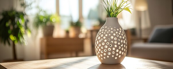 3D-Printed Wooden Vase with Intricate Cutouts on Table – Modern Home Interior with Natural Light and Blurred Background