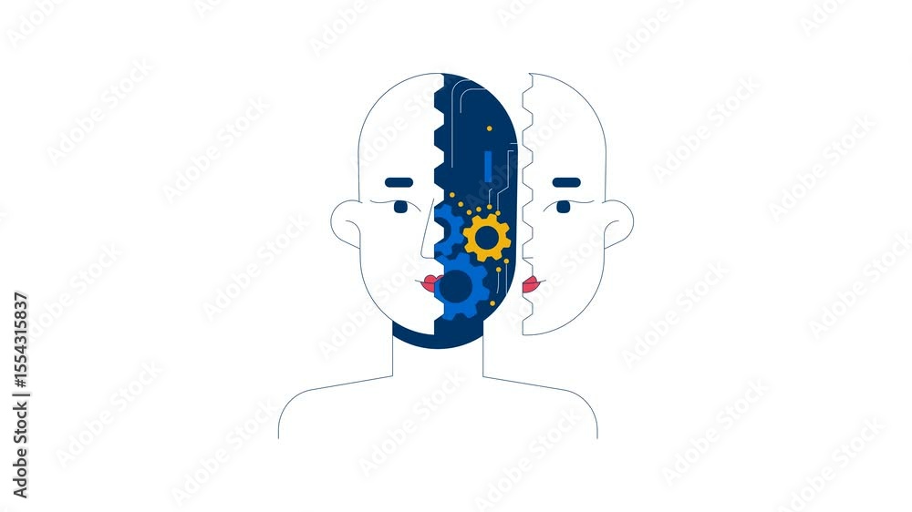 Poster robotics artificial intelligence 2d animation. revealing head with ai circuitry and gears. half robo