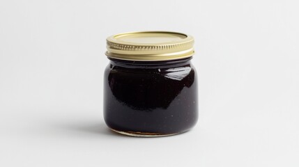 Homemade dark fruit jam in glass jar on white background ready for tasting or gifting