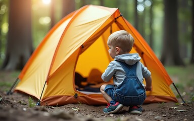 Child with camping tent travel family vacation outdoor in forest adventure lifestyle toddler hiking with parents. High quality