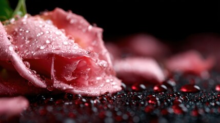 A stunning close-up of a pink rose adorned with droplets, highlighting its delicate beauty and freshness against a contrasting dark backdrop, perfect for nature lovers.