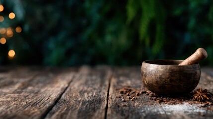 An intricately designed wooden mortar and pestle sit surrounded by spices, capturing the essence of traditional culinary practices and the rich flavors of various ingredients.