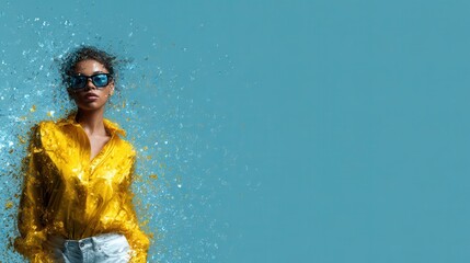 A stylish woman in a vibrant yellow shirt appears to dissolve into splashes of water, blending fashion with artistic expression, representing fluidity and modern aesthetics.