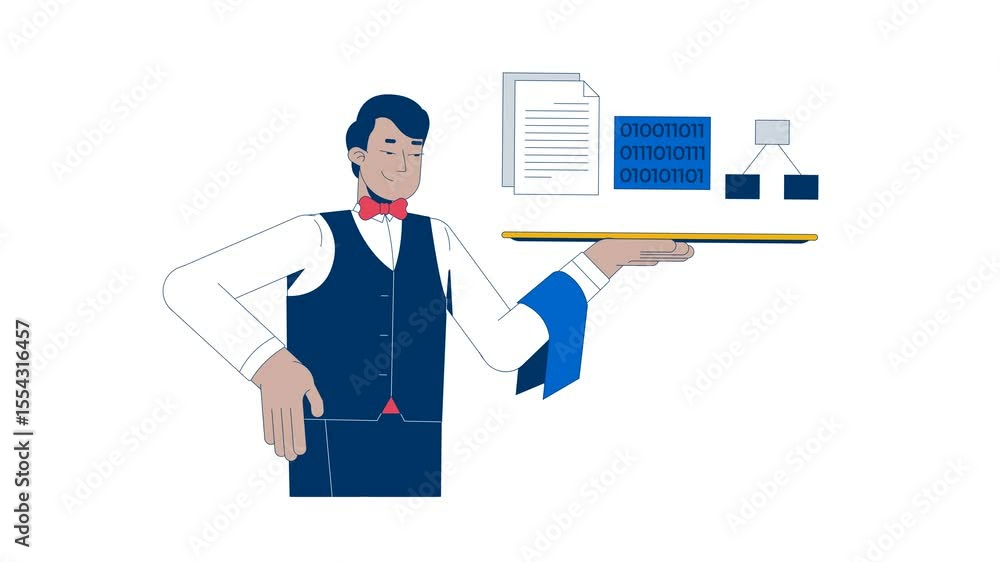 Poster serving up data for training ai 2d animation. improving language model performance. butler holding t