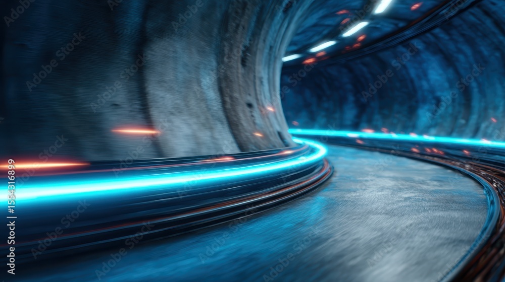 Poster an abstract depiction of a futuristic tunnel illuminated by neon lights, presenting a sense of speed