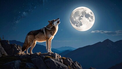 A Lonesome Wolf's Serenade Under the Full Moon: A lone wolf stands silhouetted atop a craggy peak, head thrown back in a haunting howl beneath the ethereal glow of a full moon.