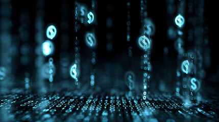 Abstract digital rain with binary code and dollar signs in blue on a dark background