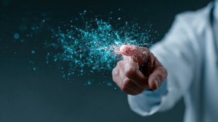 A scientist's hand reaches out to touch vibrant, sparkling particles, symbolizing innovation and the quest for knowledge in a colorful abstract representation of scientific ideas.