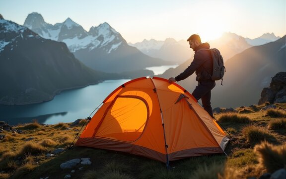 Man setting up tent camping gear in mountains travel hiking outdoor in Norway adventure active vacations healthy lifestyle extreme tour climbing equipment. High quality - Powered by Adobe