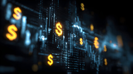 A digital network with glowing dollar signs and binary code on a dark blue and black background