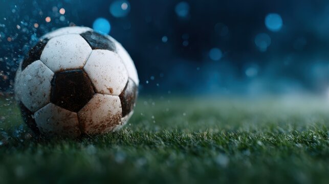 A close-up image of a worn soccer ball resting on a grassy field, capturing the texture and dirt, emphasizing the sport's playfulness and dynamic energy.