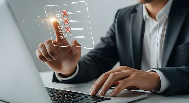 Digital Checklist with Check Marks and Crosses on Transparent Screen | Businessman Interacting with Virtual Interface for Online Survey, Forms, and Data Analysis
