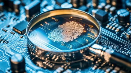 Fingerprint magnified on a circuit board, representing biometric security and technology.