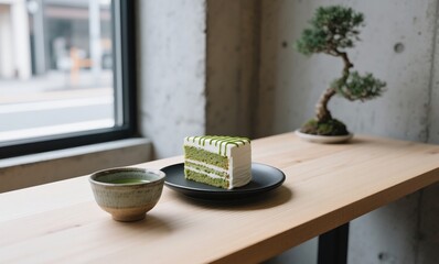 Japanese dessert scene with layered matcha cake and hot tea in modern cafe interior