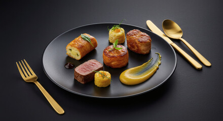 Gourmet Food Platter Elegant Appetizer with Lamb Potato and Pastry on Black Plate