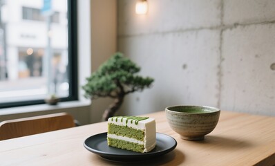 Slice of matcha layer cake on black plate with bonsai and soft lighting in Tokyo cafe