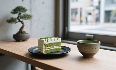 Matcha cake with white chocolate served in minimalist Tokyo café with ceramic tea bowl
