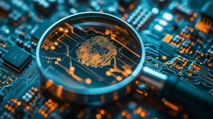 Magnifying glass over a circuit board with a fingerprint pattern, representing digital security and identity.