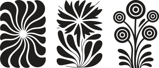 Black abstract floral design silhouette set with bold petal and leaf shapes on white background