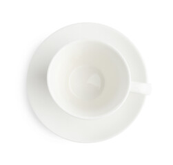 Empty coffee cup with saucer isolated on white, top view