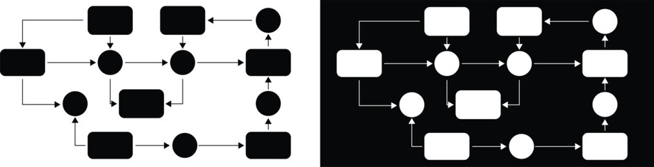 Vector Flowchart Diagram with Circular and Rectangular Nodes in Black and White Backgrounds – Process Management and Workflow Design Illustration