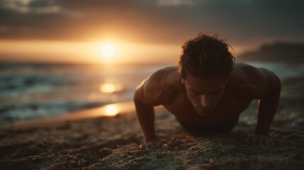 Man does pushups sunrise