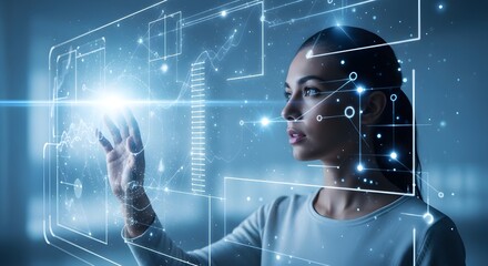 Young woman interacting with future technology user interface and big data visualization