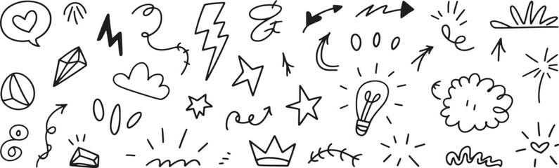 Hand-Drawn Doodle Elements Vector – Arrows, Stars, Hearts, Light Bulbs, Comic Sketch Icons
