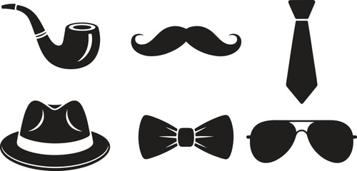 Gentleman's Accessories Collection Pipe, Mustache, Tie, Hat, Bow Tie, and Sunglasses
