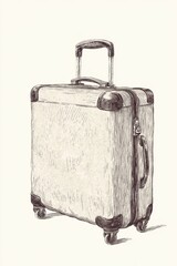 Hand drawn sketch of rolling suitcase with handle and wheels in retro style on light background for travel