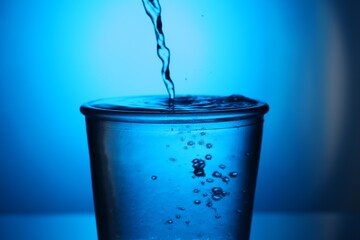 Pouring water into glass on blue gradient background, closeup. Backlit