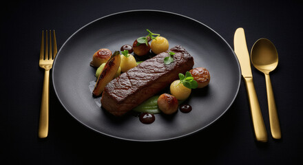 Gourmet Pan Seared Steak Dinner Plate with Roasted Vegetables and Creamy Puree
