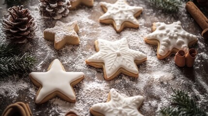 Star shaped cookies with icing sugar and festive decor on table, cozy winter holiday dessert background