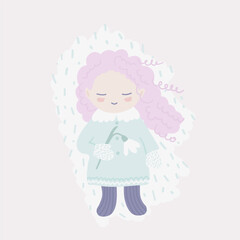 A drawing of a baby girl holding snowdrops in the park on a snowy day. The funny character joy at the arrival of spring, and the theme is about childhood and children's time in nature.