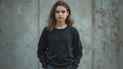 Confident Young Woman Model Posed in Daylight, Hands in Pockets