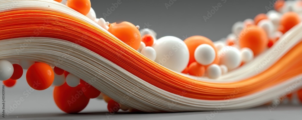 Poster abstract composition of orange and white spheres intertwined with dynamic flowing lines