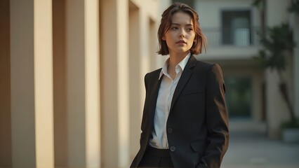 Confident Businesswoman Model Standing in Daylight with Hands in Pockets