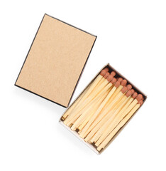 Matches in box isolated on white, top view. Mockup for design