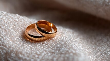 A pair of elegant gold wedding rings resting on a soft, textured fabric, symbolizing love and commitment, an ideal representation for weddings and matrimonial themes.